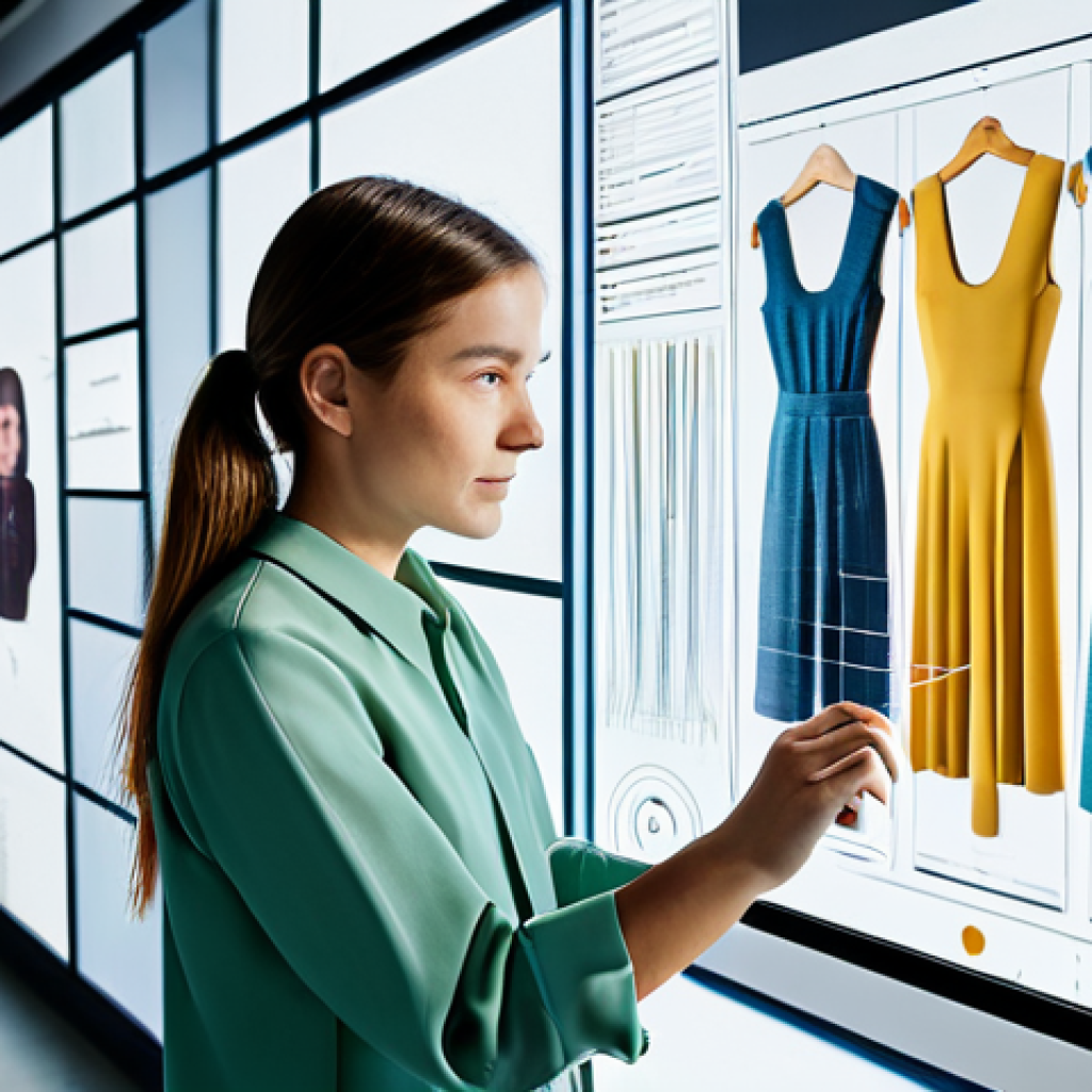 A professional fashion designer, fully clothed in a contemporary, modest, and ethically-sourced outfit, stands in a high-tech, sunlit design studio. The designer is interacting with a large, transparent display screen showcasing complex AI-generated fashion trend data and realistic 3D garment simulations. One hand gently touches the screen, while the other holds a swatch of innovative, eco-friendly fabric. The studio features minimalist furniture, natural wood accents, and subtle elements of sustainable design, like a green wall or recycled material samples, emphasizing a forward-thinking approach. The atmosphere is innovative and intellectual. Perfect anatomy, correct proportions, well-formed hands, proper finger count, natural body proportions, natural pose, professional photography, high quality, safe for work, appropriate content, family-friendly.