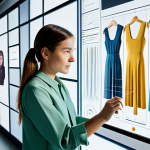 A professional fashion designer, fully clothed in a contemporary, modest, and ethically-sourced outfit, stands in a high-tech, sunlit design studio. The designer is interacting with a large, transparent display screen showcasing complex AI-generated fashion trend data and realistic 3D garment simulations. One hand gently touches the screen, while the other holds a swatch of innovative, eco-friendly fabric. The studio features minimalist furniture, natural wood accents, and subtle elements of sustainable design, like a green wall or recycled material samples, emphasizing a forward-thinking approach. The atmosphere is innovative and intellectual. Perfect anatomy, correct proportions, well-formed hands, proper finger count, natural body proportions, natural pose, professional photography, high quality, safe for work, appropriate content, family-friendly.