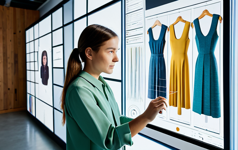 A professional fashion designer, fully clothed in a contemporary, modest, and ethically-sourced outfit, stands in a high-tech, sunlit design studio. The designer is interacting with a large, transparent display screen showcasing complex AI-generated fashion trend data and realistic 3D garment simulations. One hand gently touches the screen, while the other holds a swatch of innovative, eco-friendly fabric. The studio features minimalist furniture, natural wood accents, and subtle elements of sustainable design, like a green wall or recycled material samples, emphasizing a forward-thinking approach. The atmosphere is innovative and intellectual. Perfect anatomy, correct proportions, well-formed hands, proper finger count, natural body proportions, natural pose, professional photography, high quality, safe for work, appropriate content, family-friendly.
